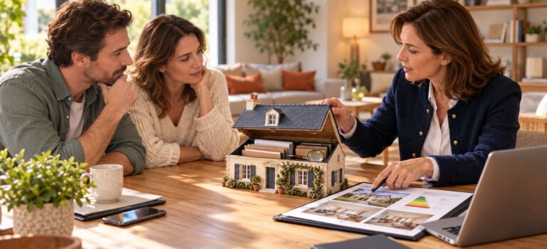 Une conseillère immobilière présente un dossier à un couple, autour d’une maison miniature ouverte contenant des documents