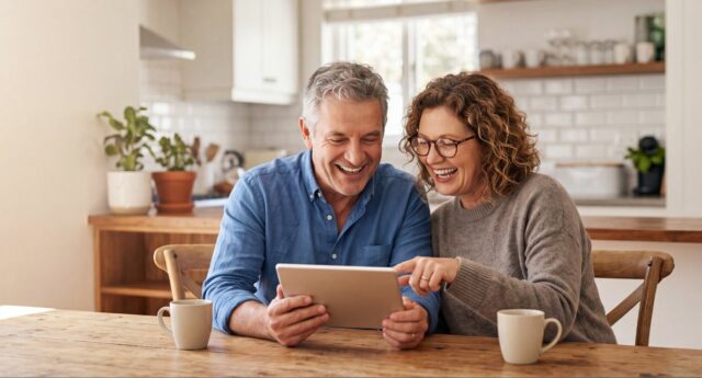Couple consultant une tablette à la table d’une cuisine.