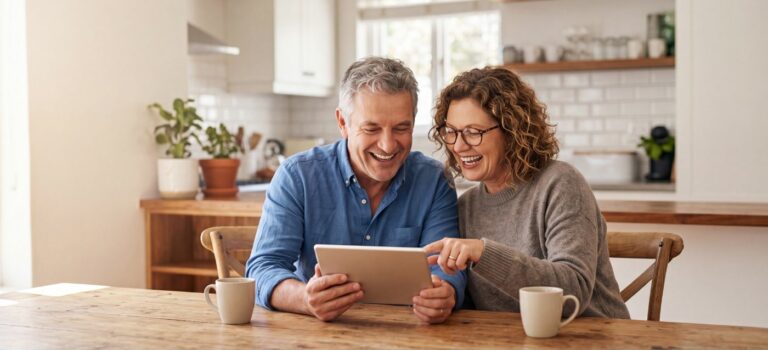 Couple consultant une tablette à la table d’une cuisine.