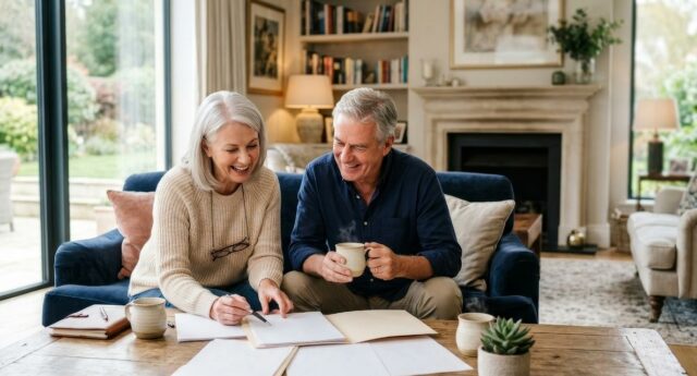 Un couple de propriétaires examine des documents de financement dans son logement
