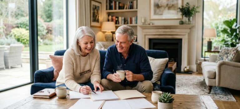 Un couple de propriétaires examine des documents de financement dans son logement