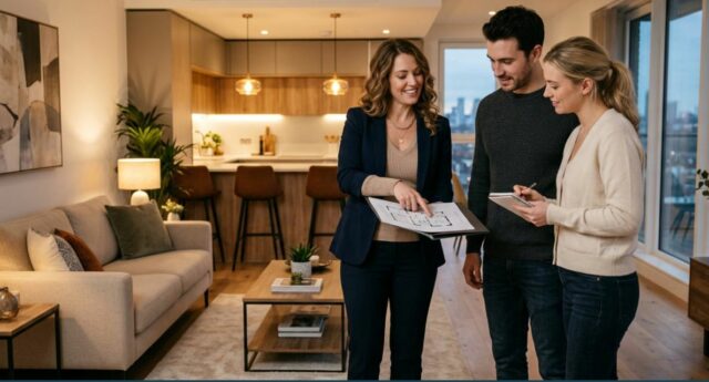 Trois personnes consultent le plan d’un appartement dans un salon meublé avec cuisine ouverte