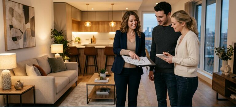 Trois personnes consultent le plan d’un appartement dans un salon meublé avec cuisine ouverte