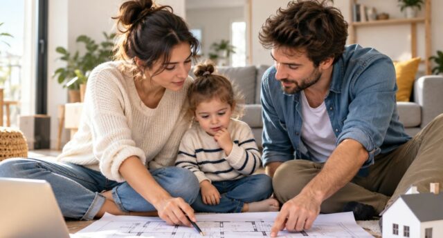 Des parents et leur enfant examinent les plans d'un logement dans le cadre d'un projet immobilier familial.