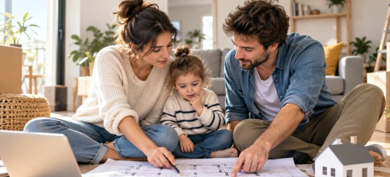 Des parents et leur enfant examinent les plans d'un logement dans le cadre d'un projet immobilier familial.