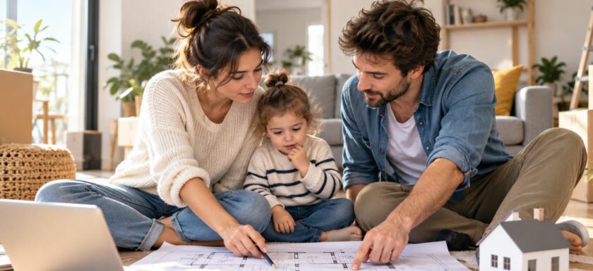 Des parents et leur enfant examinent les plans d'un logement dans le cadre d'un projet immobilier familial.