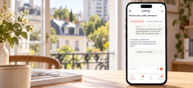 éléphone affichant l’assistant immobilier Omny, posé devant une fenêtre donnant sur des immeubles