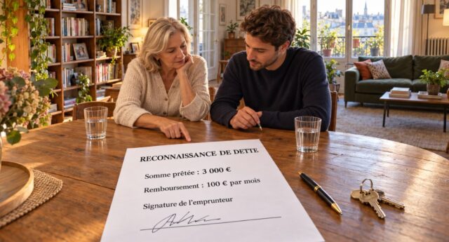 Deux proches examinent une reconnaissance de dette indiquant un prêt de 3 000 euros, autour d’une table dans un salon.