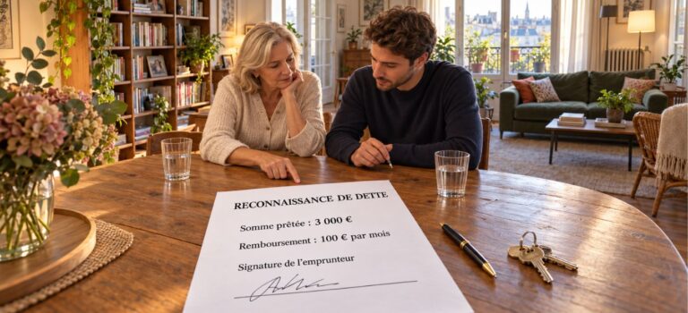 Deux proches examinent une reconnaissance de dette indiquant un prêt de 3 000 euros, autour d’une table dans un salon.