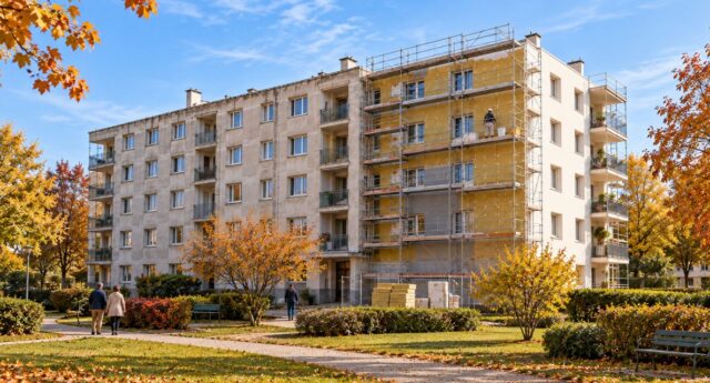 Copropriété en rénovation, avec façade ancienne, isolant apparent et partie rénovée sous un ciel d’automne.