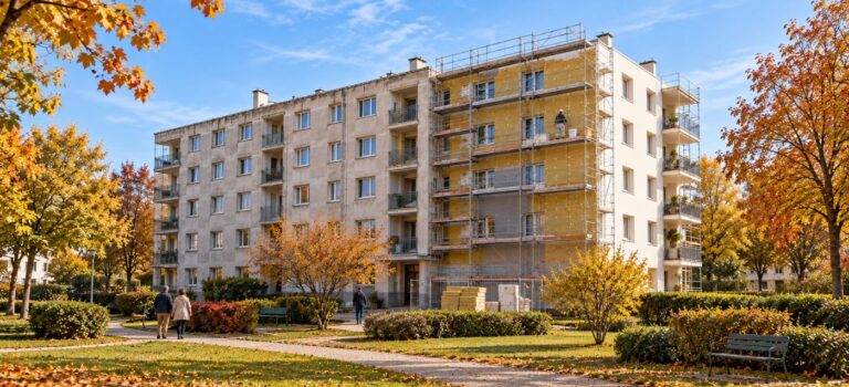 Copropriété en rénovation, avec façade ancienne, isolant apparent et partie rénovée sous un ciel d’automne.