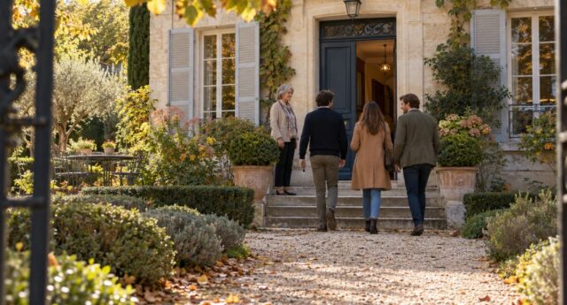 Une mère et ses trois enfants adultes devant une maison familiale, vue depuis le jardin