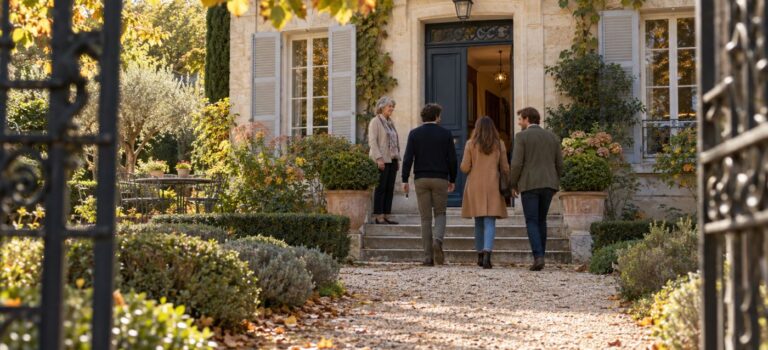 Une mère et ses trois enfants adultes devant une maison familiale, vue depuis le jardin