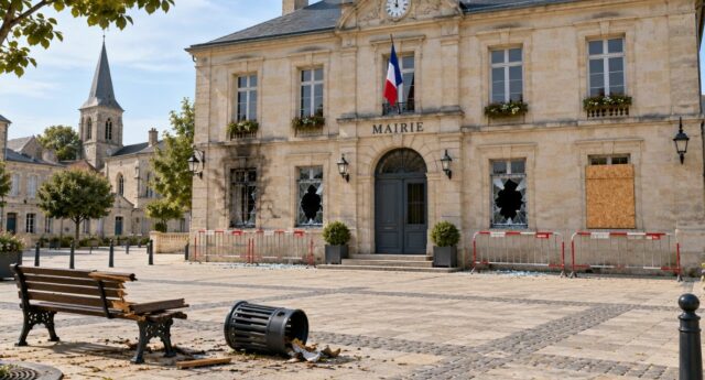 Mairie aux fenêtres brisées et mobilier urbain endommagé sur une place publique