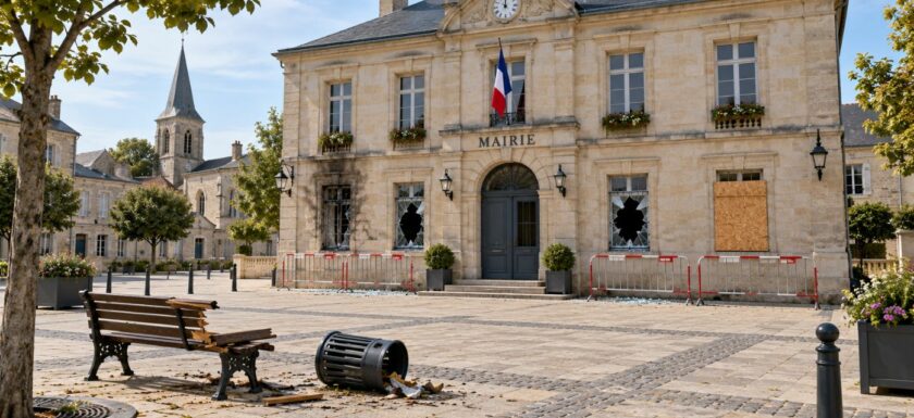 Mairie aux fenêtres brisées et mobilier urbain endommagé sur une place publique