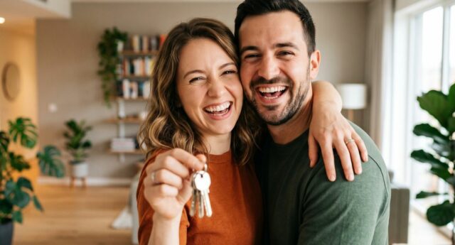 Un couple souriant tient un trousseau de clés dans un intérieur lumineux.