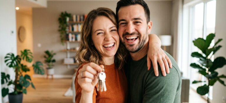 Un couple souriant tient un trousseau de clés dans un intérieur lumineux.
