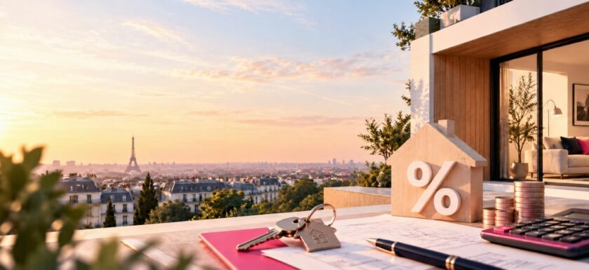 Clés, calculatrice et maison en bois avec le symbole % sur une terrasse face aux toits de Paris, pour illustrer les taux de crédit immobilier en 2026