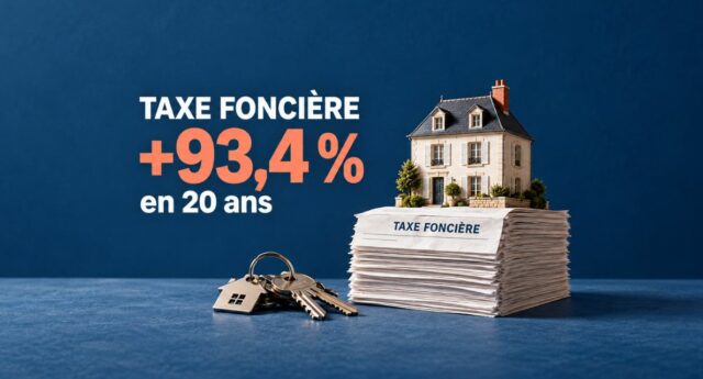 Maison miniature posée sur une pile d’avis de taxe foncière, à côté de clés, avec la mention « +93,4 % en 20 ans »