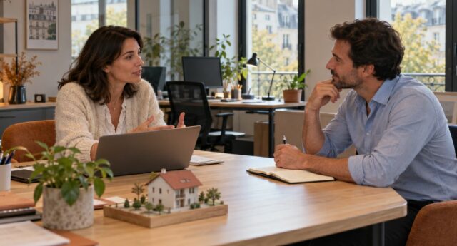 Deux professionnels échangent autour d’un bureau, avec une maquette de maison au premier plan.