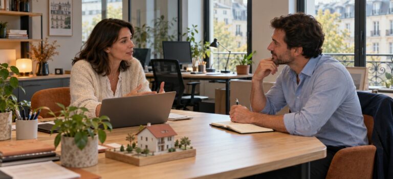 Deux professionnels échangent autour d’un bureau, avec une maquette de maison au premier plan.